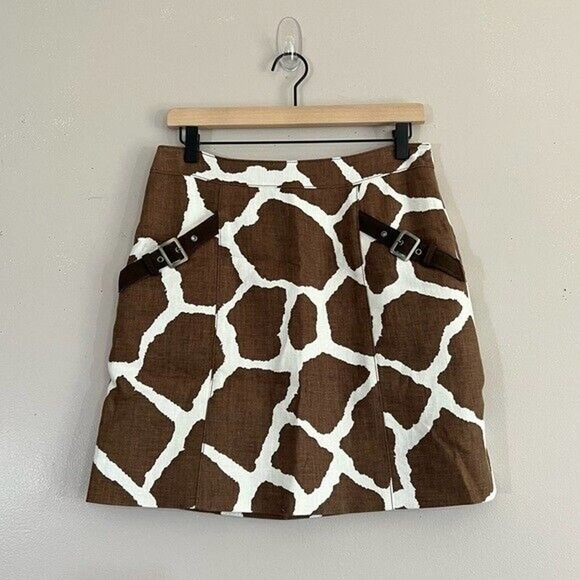 Worth Dresses & Skirts - WORTH 100% Linen Cow Animal Print ALine Skirt Buckle Brown White Womens Size 2